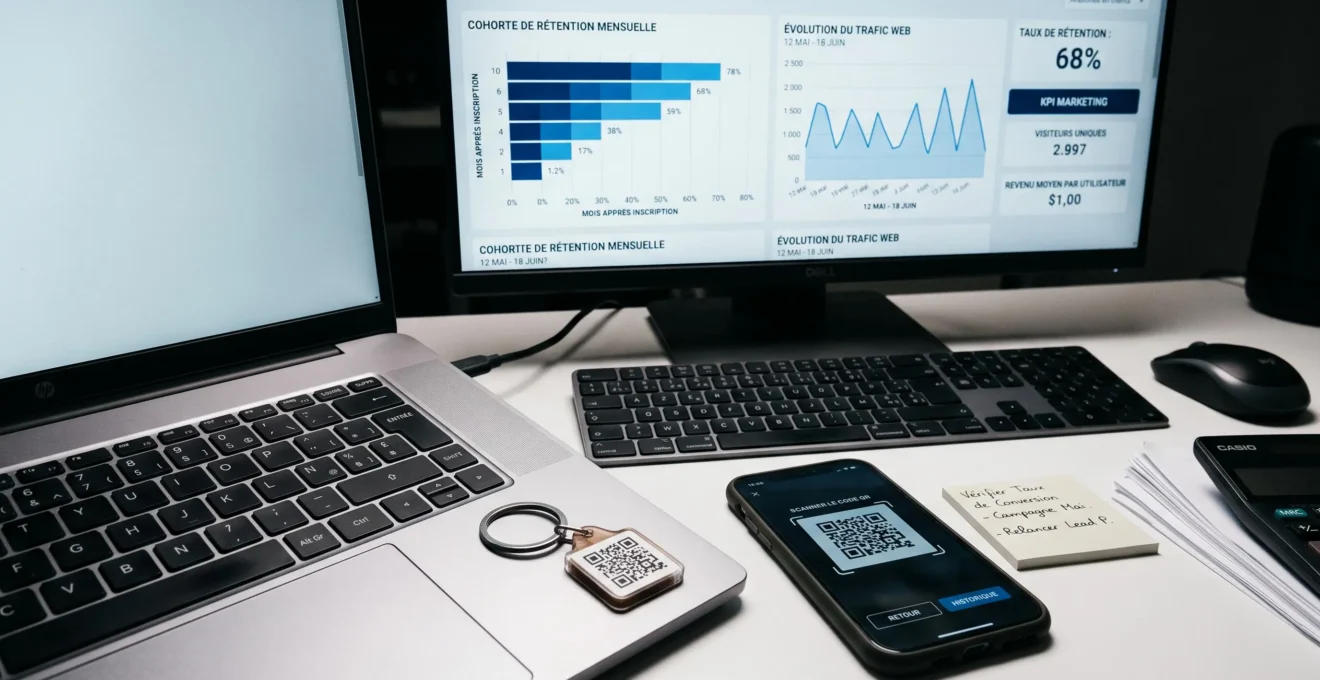 Écran d'ordinateur affichant tableau de bord analytics en français avec graphiques de rétention client, objet promotionnel avec QR code posé sur clavier au premier plan