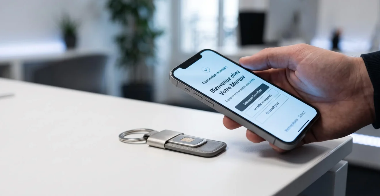 Main approchant smartphone d'un porte-clé avec puce NFC sur bureau, écran affichant interface de connexion à contenu digital en français