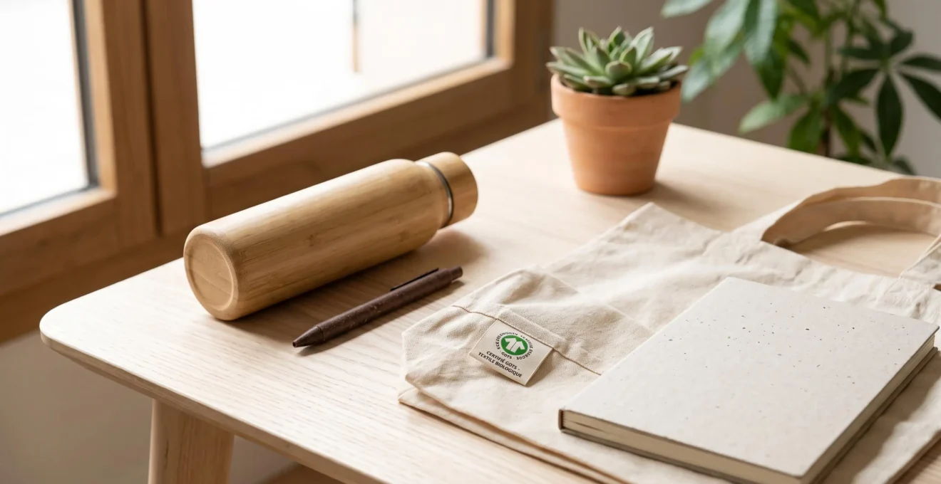 Objets publicitaires éco-responsables disposés sur table en bois clair : gourde en bambou, stylo biosourcé, tote bag coton bio avec label GOTS visible, lumière naturelle