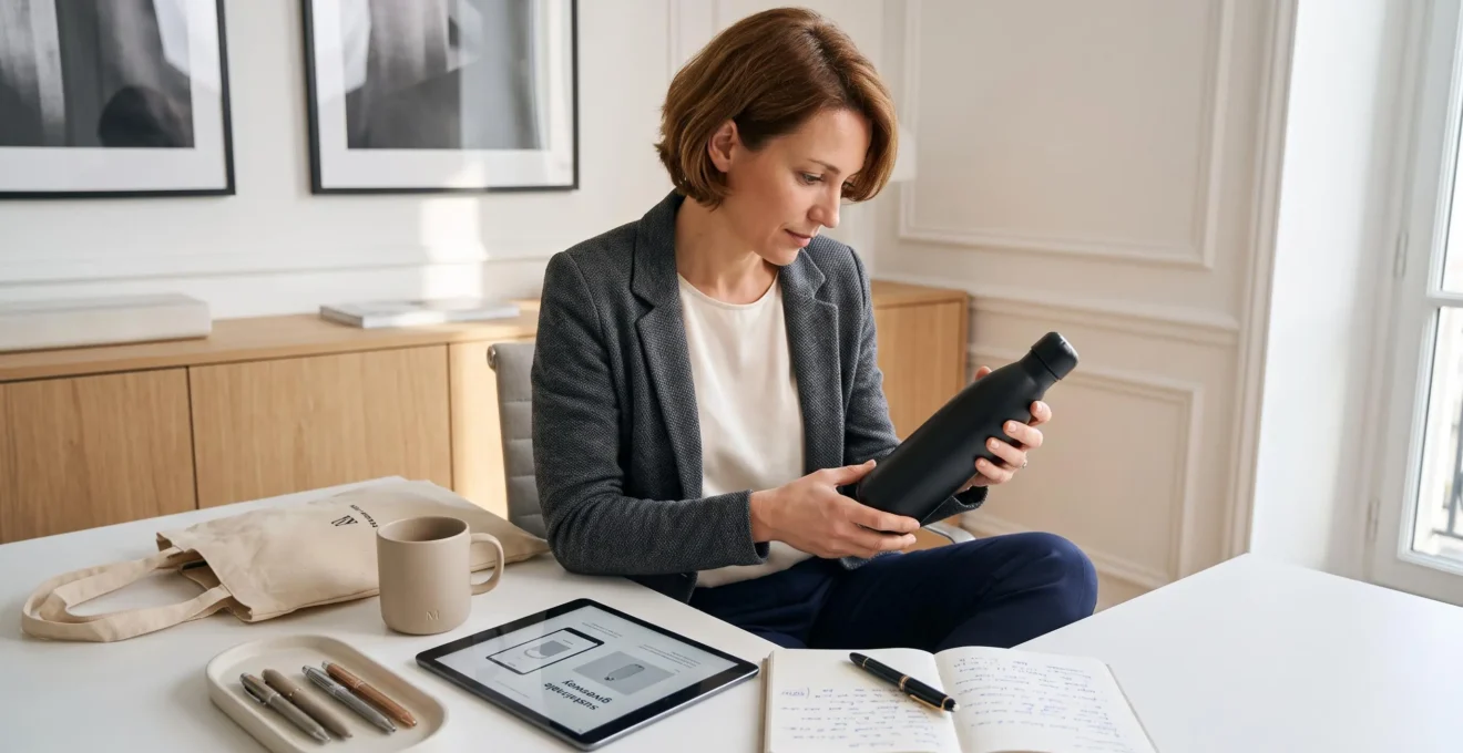 Responsable marketing dans un bureau contemporain examinant des échantillons d'objets publicitaires personnalisés posés sur un bureau avec tablette et carnet de notes