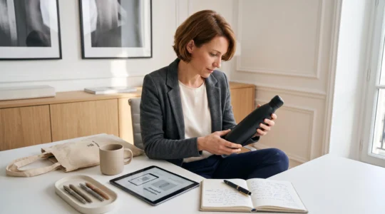 Responsable marketing dans un bureau contemporain examinant des échantillons d'objets publicitaires personnalisés posés sur un bureau avec tablette et carnet de notes