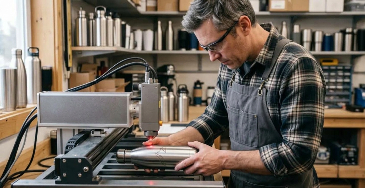Un technicien grave un motif au laser sur une gourde en acier inoxydable dans un atelier de personnalisation.