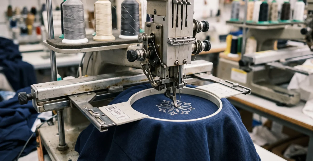 Gros plan sur une machine de broderie industrielle réalisant un motif sur un polo dans un atelier.