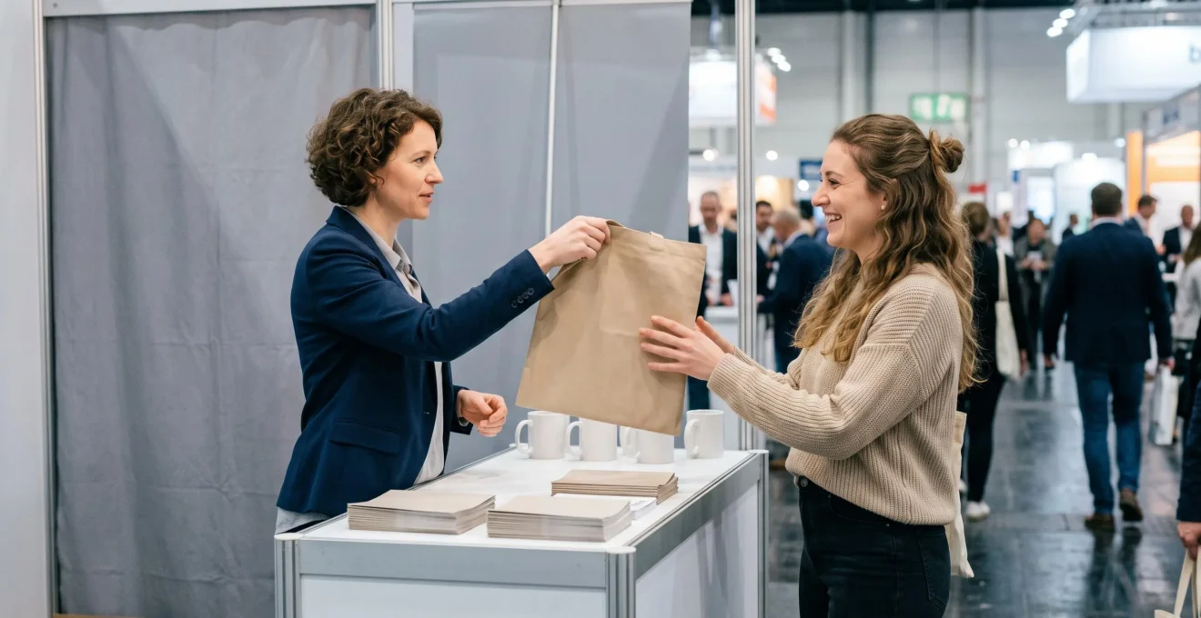 Un exposant tend un tote bag en toile à un visiteur sur un stand lors d'un salon professionnel.