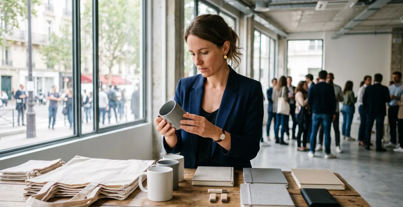 Une responsable marketing examine des objets publicitaires personnalisables disposés sur une table dans un espace de travail lumineux.