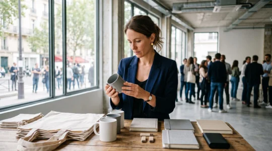 Une responsable marketing examine des objets publicitaires personnalisables disposés sur une table dans un espace de travail lumineux.