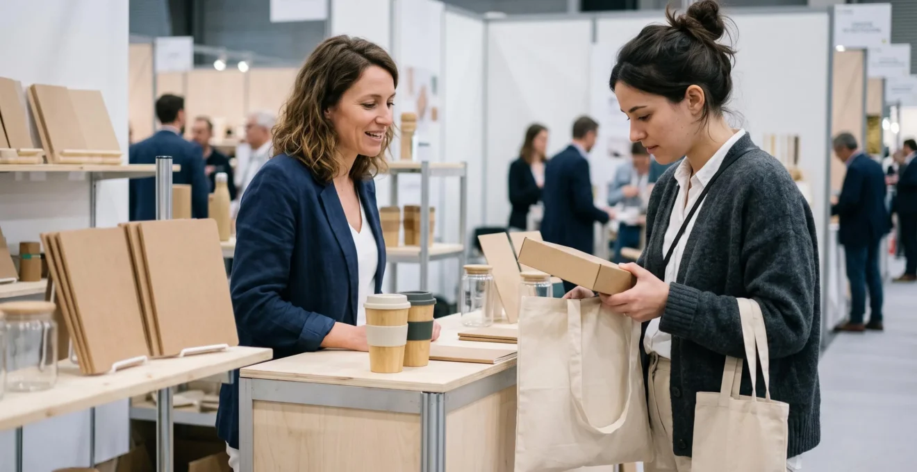 Une visiteuse de salon professionnel examine un tote bag en toile et une boîte cadeau en carton recyclé présentés par une hôtesse de stand.